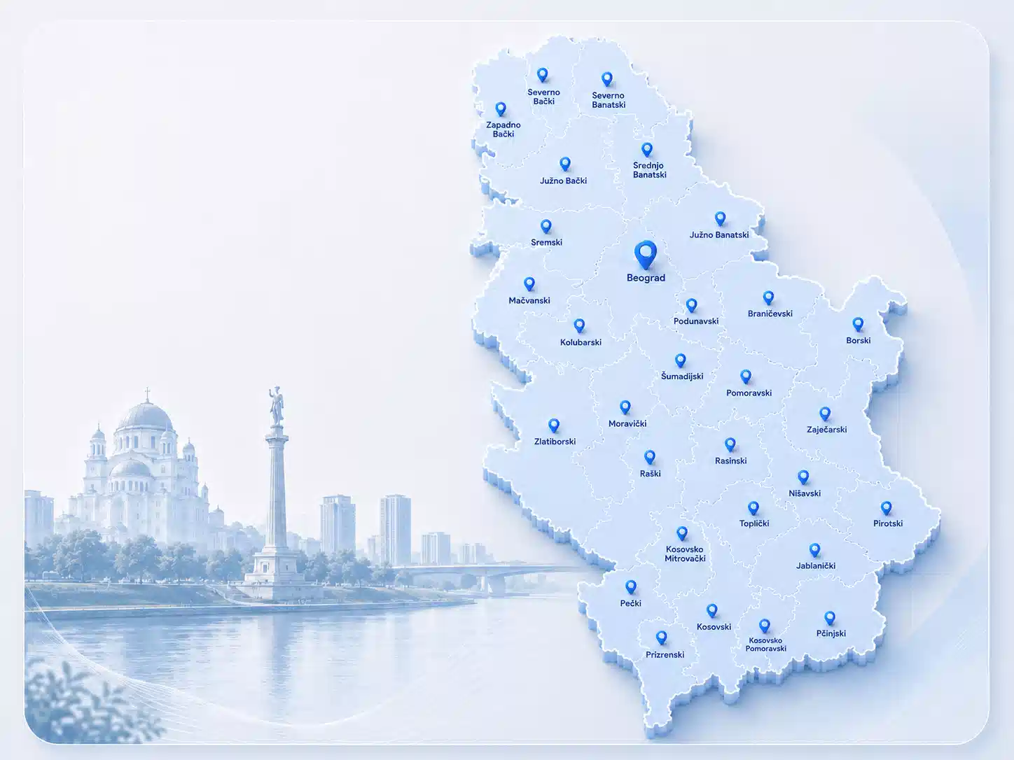Mapa Srbije sa pinovima za pet usluge po gradovima